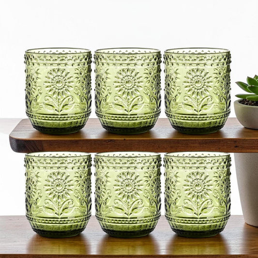 Embossed Floral Drinking Glasses, Vintage Style Glass Tumblers (Set of 6) Pink/Green