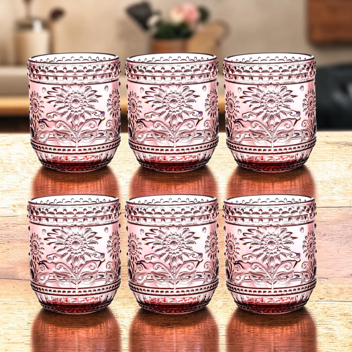 Embossed Floral Drinking Glasses, Vintage Style Glass Tumblers (Set of 6) Pink/Green