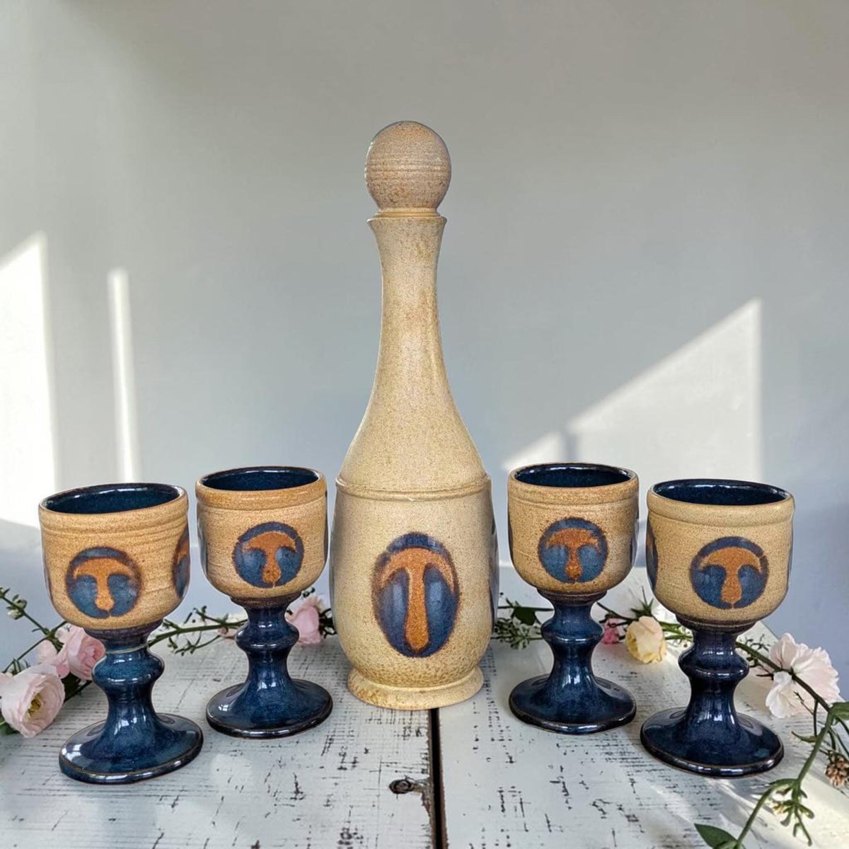 Vintage Laugharne Pottery Decanter and Goblets Set – Handmade Welsh Studio Pottery Stoneware Drinks Set