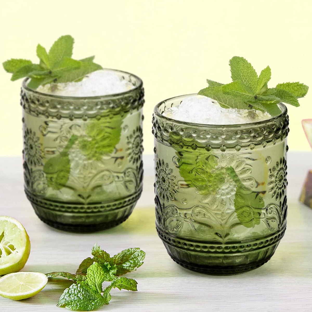 Embossed Floral Drinking Glasses, Vintage Style Glass Tumblers (Set of 6) Pink/Green
