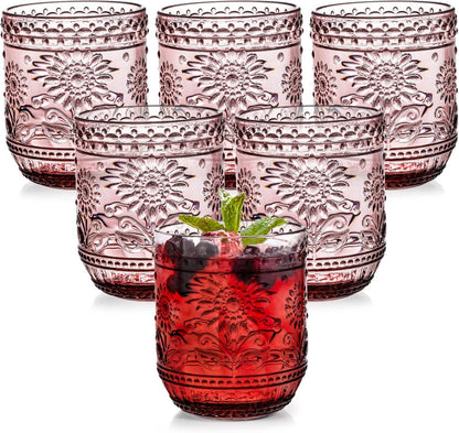 Embossed Floral Drinking Glasses, Vintage Style Glass Tumblers (Set of 6) Pink/Green