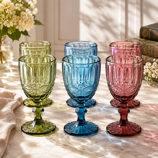Set of 6 Vintage Style Colored Wine Glasses | Embossed Goblets | Blue Pink Green Wine Glasses | Boho Tableware | Cottagecore Glassware Gift