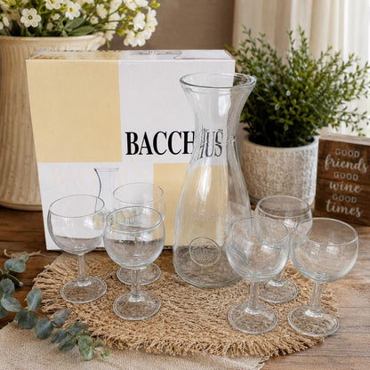 Vintage Bacchus Glass Carafe & 6 Wine Glasses Set with Original Box | 1 Litre Glass Decanter | Mid Century Barware | Retro Entertaining Set