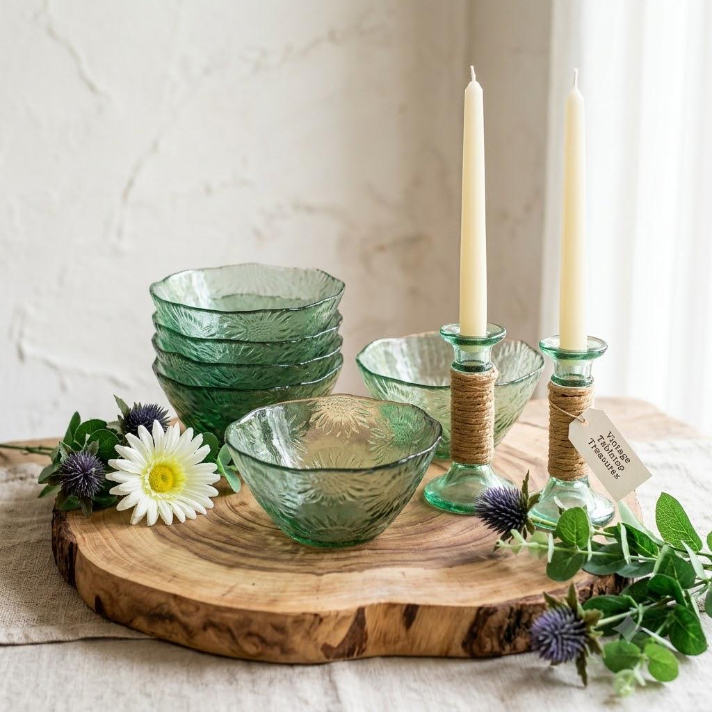 Vintage Green Glass Bowl Set: Sunflower Design, Candlesticks & Dessert Dishes