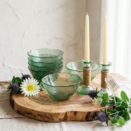 Vintage Green Glass Bowl Set: Sunflower Design, Candlesticks & Dessert Dishes