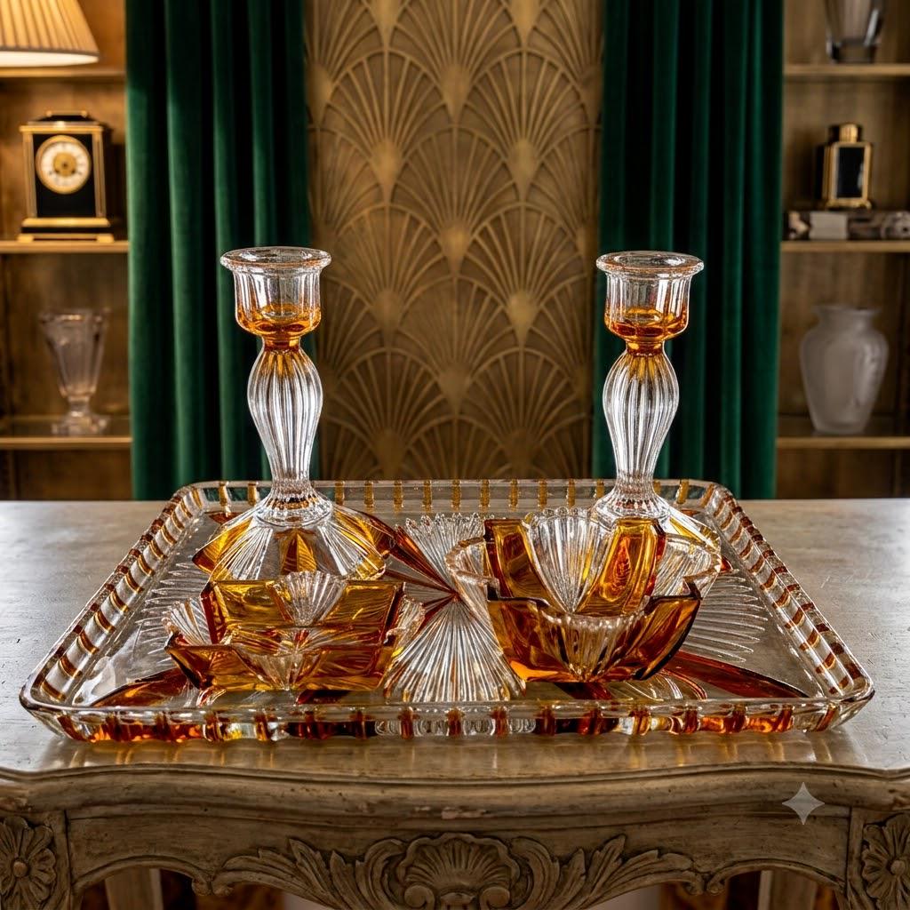 Vintage Amber Glass, Vanity Set: Shabby Chic Candlesticks & Tray