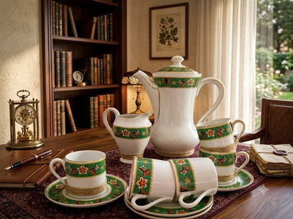 Vintage Espresso Coffee Set: Green Floral Tableware