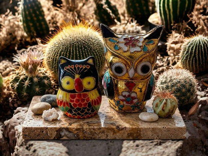 Vintage Owl Figurine Set: Brass, Glass & Wood Owls
