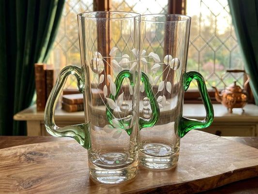 Vintage Etched Glass Mugs: Tall Cocktail Glasses with Green Handles