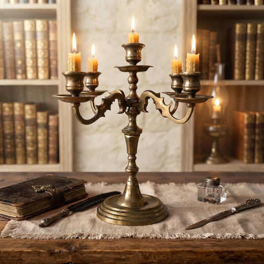 Vintage 5-Arm Brass Candelabra, Heavy Antique Candle Holder, Gothic & Dark Academia Home Decor, Table Centerpiece, Collectible Brass Decor