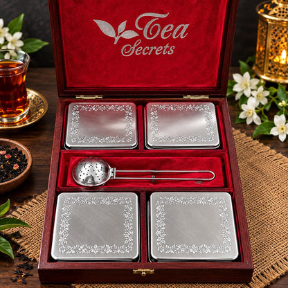 Vintage, Tea Secrets Wooden Tea Box, 4 Loose Leaf Tea Tins & Tea Strainer, Tea Lover Gift, Vintage Tea Storage Box, Afternoon Tea Gift