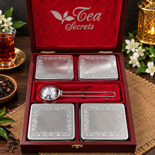 Vintage, Tea Secrets Wooden Tea Box, 4 Loose Leaf Tea Tins & Tea Strainer, Tea Lover Gift, Vintage Tea Storage Box, Afternoon Tea Gift