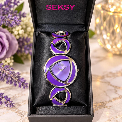 Seksy by Sekonda Ladies Purple Bracelet Watch | Silver Tone Statement Watch | Preloved Gift Boxed | Purple Jewellery | Gift for Her