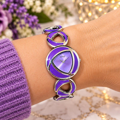 Seksy by Sekonda Ladies Purple Bracelet Watch | Silver Tone Statement Watch | Preloved Gift Boxed | Purple Jewellery | Gift for Her