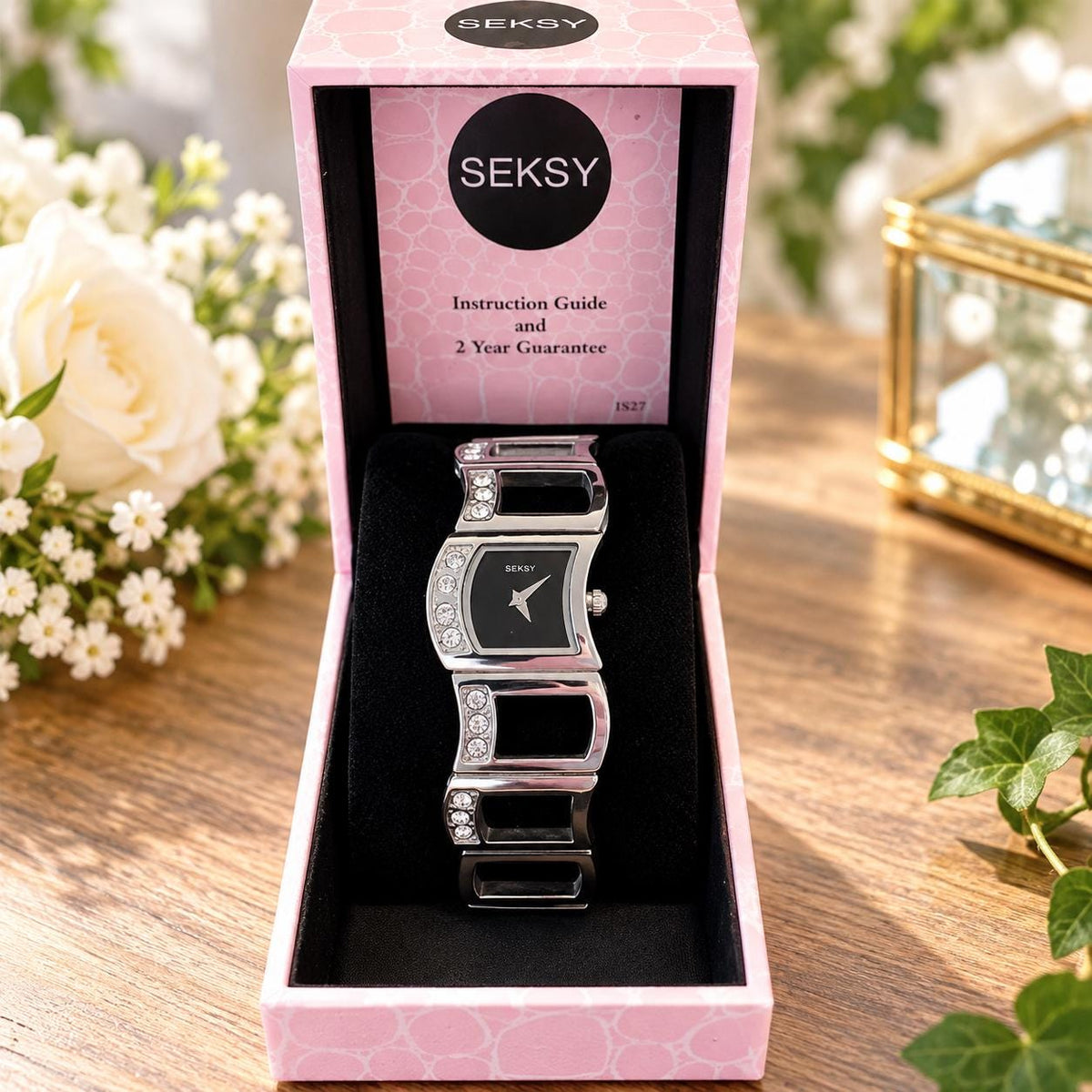 Vintage Style Seksy by Sekonda Ladies Watch | Silver Tone & Black Crystal Bracelet Watch | Preloved Women's Dress Watch, Bedazzled
