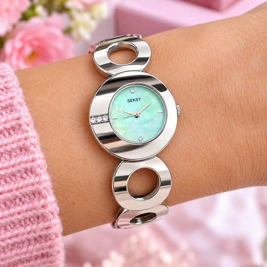 Seksy Twilight by Sekonda Ladies Watch | Green Dial Silver Stainless Steel Bracelet Watch | Preloved Women's Dress Watch Gift, Bedazzled