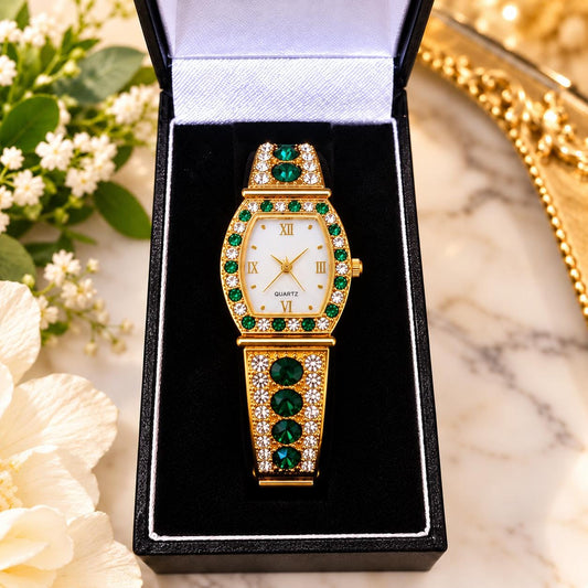 Danbury Mint, Vintage Style Green Crystal Watch – Gold Tone Ladies Bracelet Watch – Elegant Statement Jewellery Gift for Her, Bedazzled