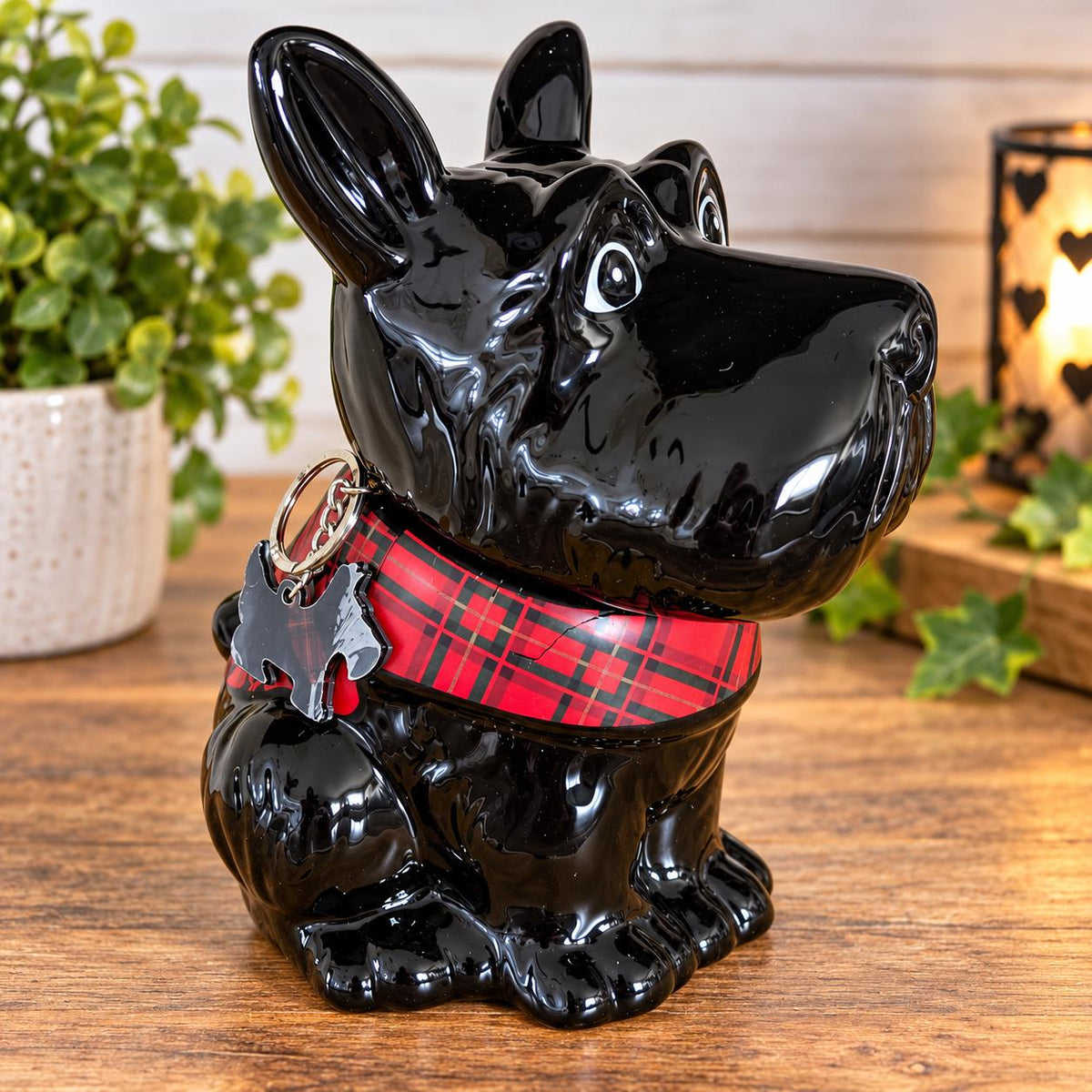 Vintage Scottie Dog Treat Jar | Black Ceramic Scottish Terrier Storage Pot | Red Tartan Collar | Collectable Dog Lover Gift