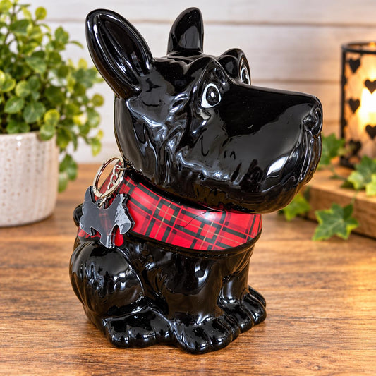Vintage Scottie Dog Treat Jar | Black Ceramic Scottish Terrier Storage Pot | Red Tartan Collar | Collectable Dog Lover Gift