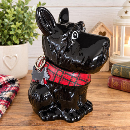 Vintage Scottie Dog Treat Jar | Black Ceramic Scottish Terrier Storage Pot | Red Tartan Collar | Collectable Dog Lover Gift