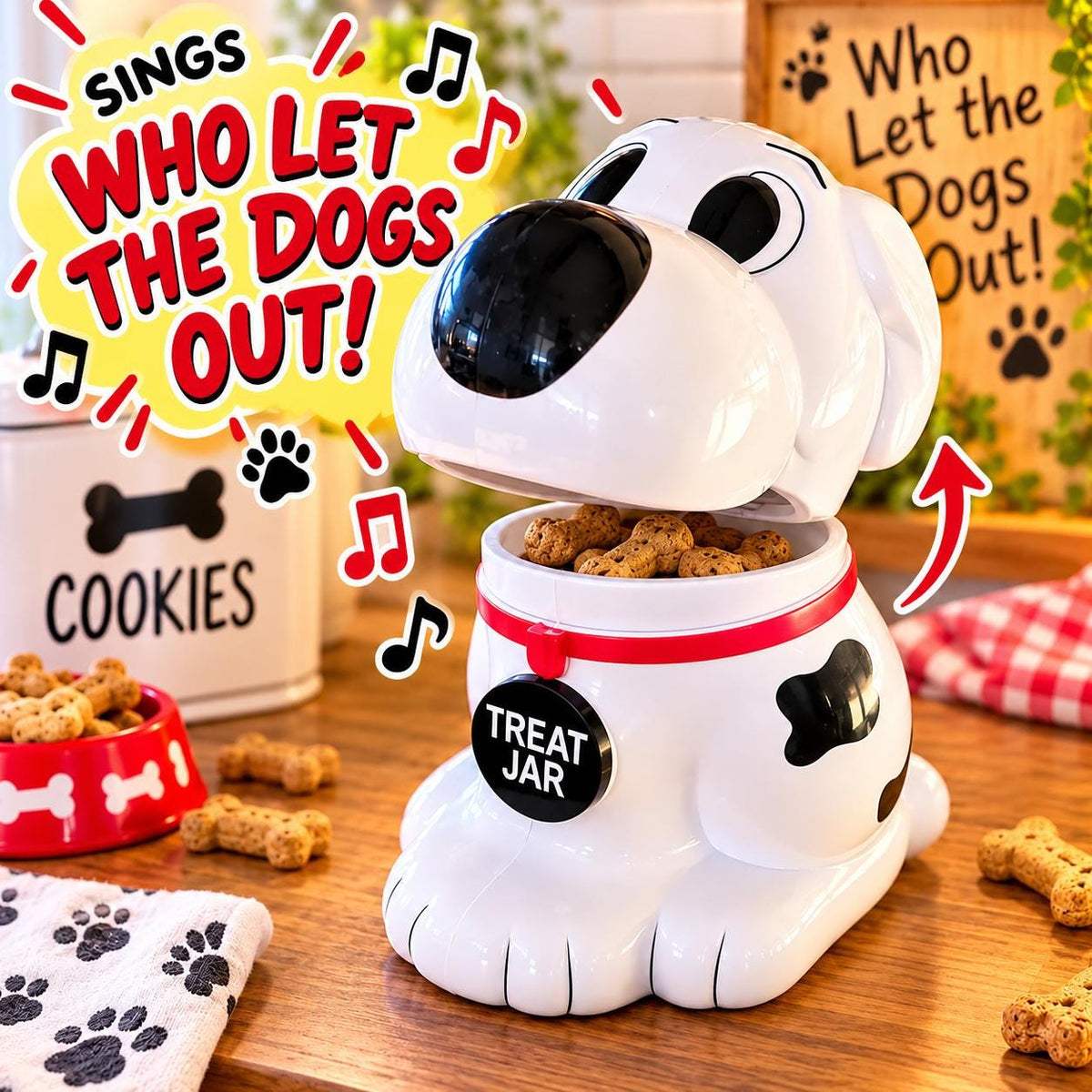 Singing Dog Cookie Jar – Who Let the Dogs Out Musical Treat Jar – Novelty Kitchen Storage – Fun Dog Lover Gift, Preloved