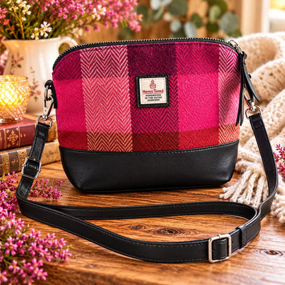 Harris Tweed Crossbody Bag | Preloved, Pink Tartan Shoulder Handbag | Handwoven Outer Hebrides Tweed | Scottish Style Gift for Her