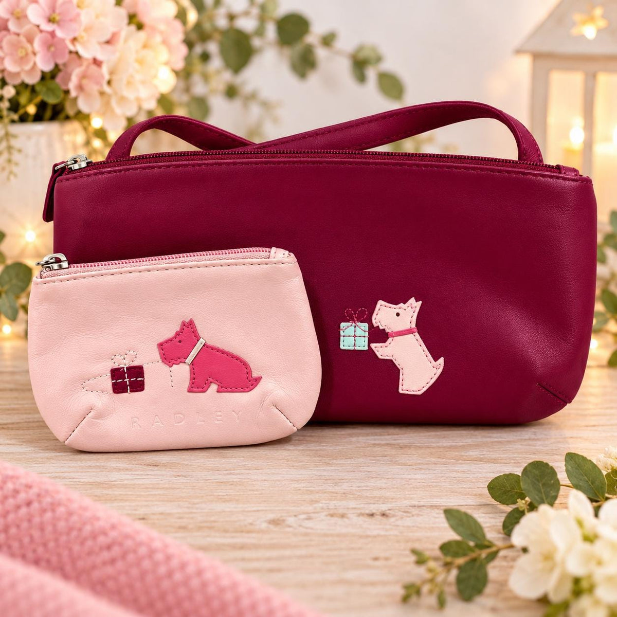 Radley London, Leather Shoulder Bag & Matching Coin Purse Set | Burgundy, Pink Handbag | Scottie Dog Design | Preloved in Great Condition