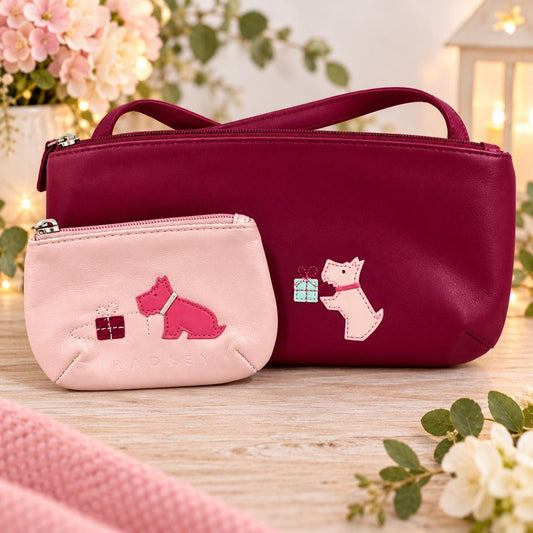 Radley London, Leather Shoulder Bag & Matching Coin Purse Set | Burgundy, Pink Handbag | Scottie Dog Design | Preloved in Great Condition