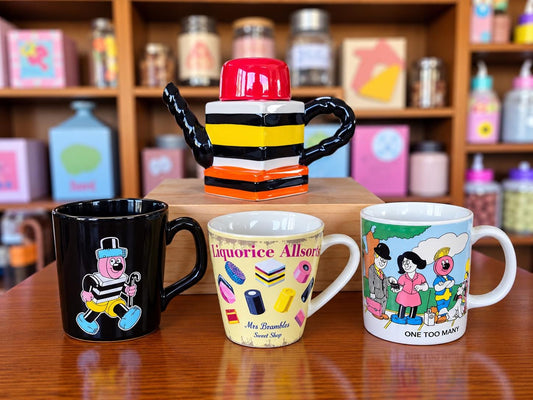 Vintage Bassett’s Liquorice Allsorts Mug Collection & Novelty Teapot | Bertie Bassett Collectable Mugs | Retro Sweet Shop Gift Set